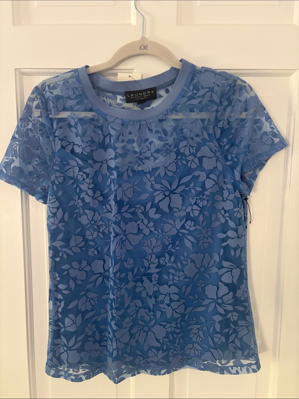 Laundry By Shelli Segal Blue Floral Mesh Short Sleeve Tee